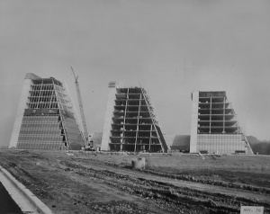 Former headquarters of the College Life Insurance Company, better known as “The Pyramids” under construction in 1970.  The buildings, designed by Kevin Roche and John Dinkeloo (who also, ironically, designed General Foods’ corporate headquarters in Rye, NY), were orignially designed to house the vast amount of paper information generated by the insurance company. With the advent of computers, that became unnecessary, and General Foods took advantage of the available space by moving the headquarters to building II shortly after taking over. John Dinkeloo also designed the Cummins Engine Corporation headquarters in Columbus, Indiana, and was a partner in Eero Saarinen’s firm, who designed the TWA Terminal at John F. Kennedy Airport in New York and the Gateway Arch in St. Louis, Missouri.