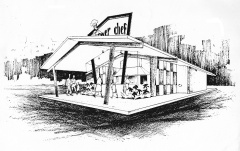The 1957 concept drawing by Harry E. Cooler for the first store at 1300 West 16th Street in Indianapolis. Courtesy JSF’s Burger Chef Tribute. 